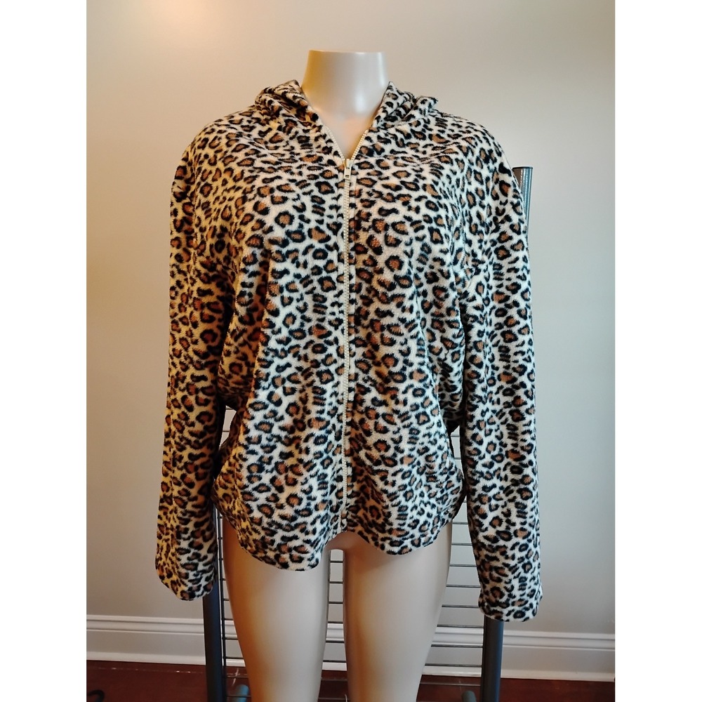 Nick & Sarah Sport Leopard Print‎ Fleece Full Zip Hoodie Jacket Tan Brown Large